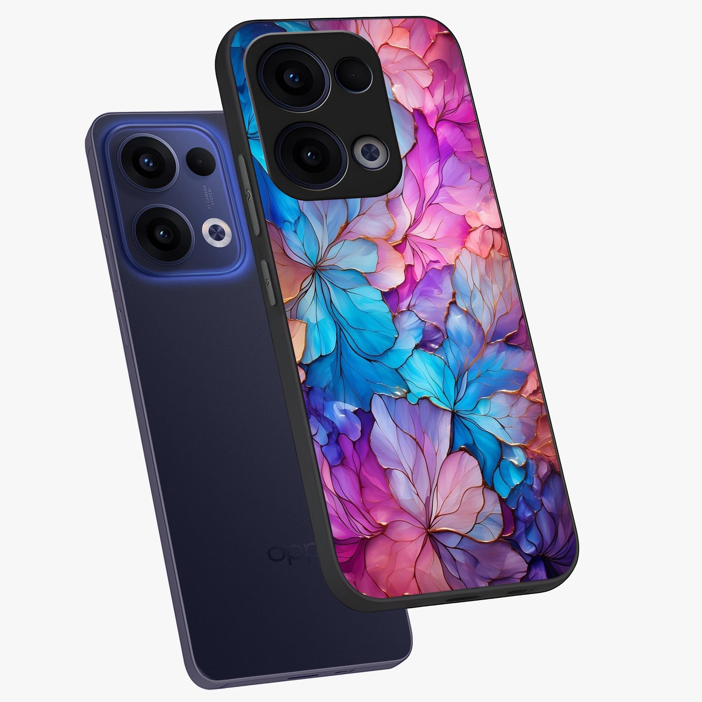 Radiant Floral Whirl Glass Case displayed in angled mockup highlighting vibrant flower pattern with dynamic artistic aesthetic.