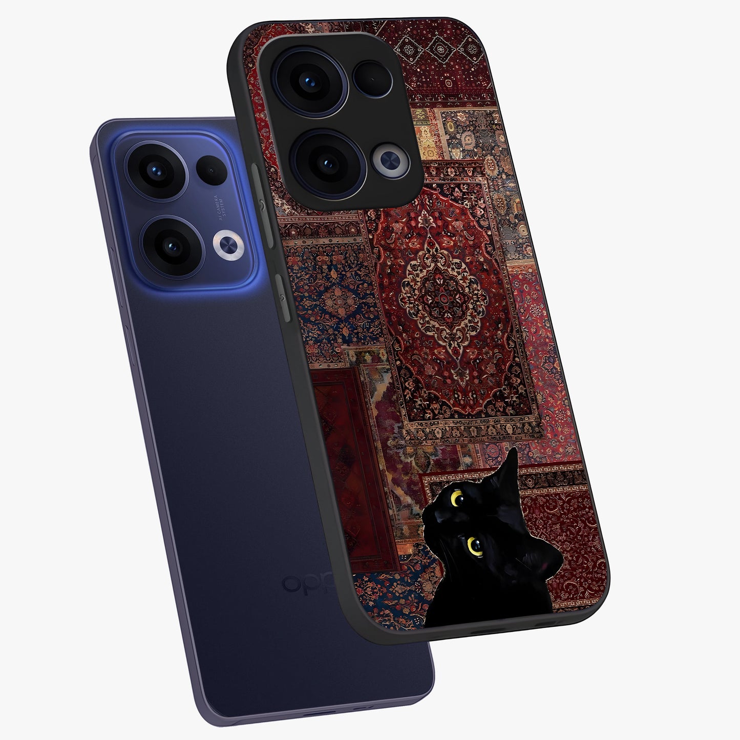 Regal Magic Cat Apple Glass Case displayed in angled mockup highlighting whimsical feline design with fantasy aesthetic.