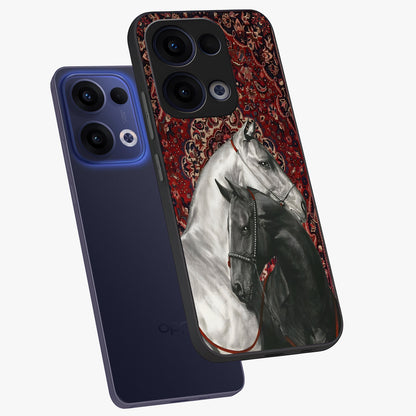 Regal Stallion Tapestry Glass Case displayed in angled mockup highlighting royal stallion design with decorative heritage aesthetic.