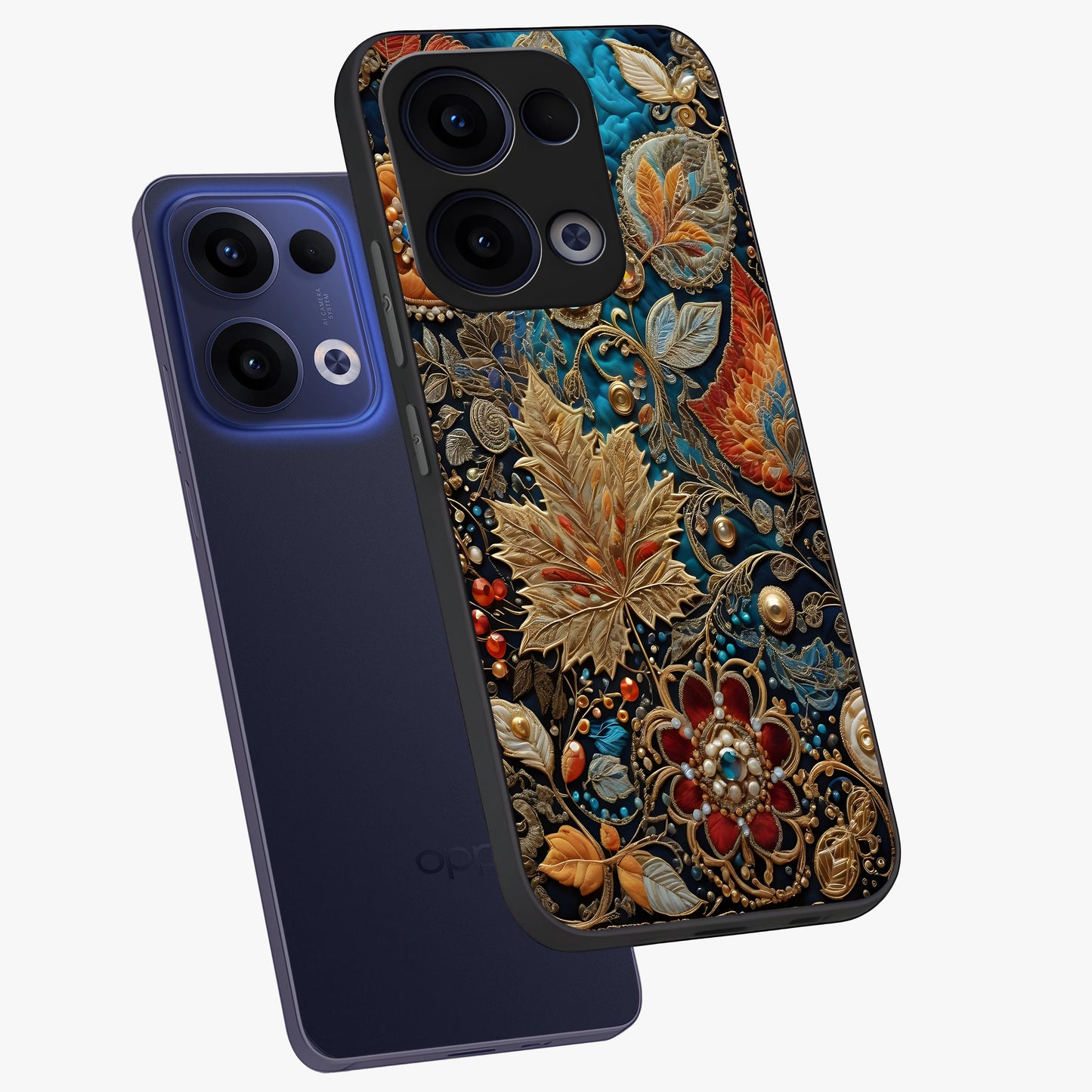 Royal Jewel Garden Glass Case displayed in angled mockup highlighting vibrant jewel inspired floral design with elegant aesthetic.