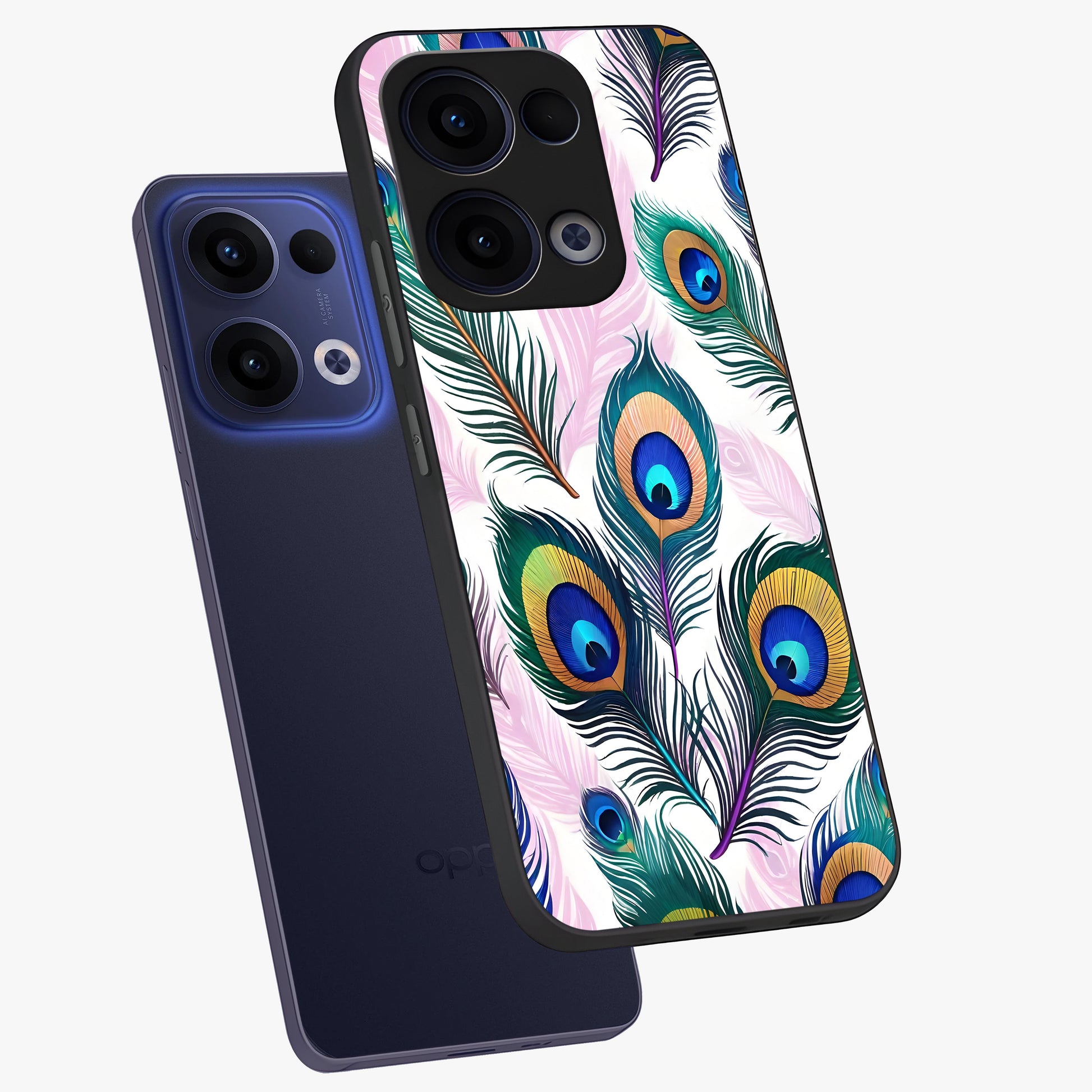 Royal Peacock Feathers Glass Case displayed in angled mockup highlighting vibrant feather pattern with regal aesthetic style.