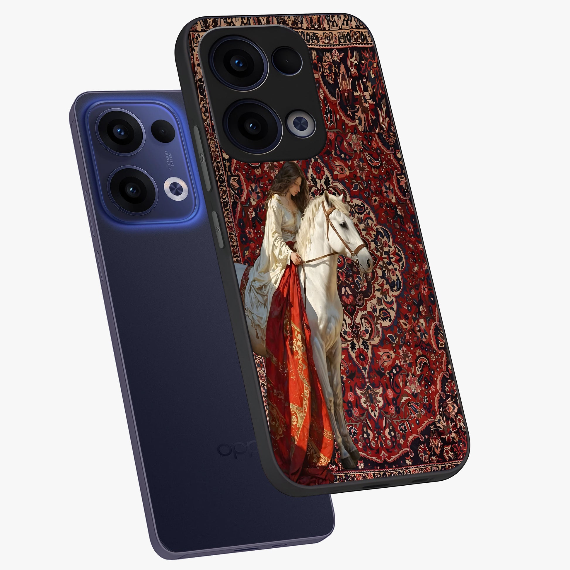 Royal Rider Tapestry Glass Case displayed in angled mockup highlighting traditional tapestry design with royal heritage aesthetic.