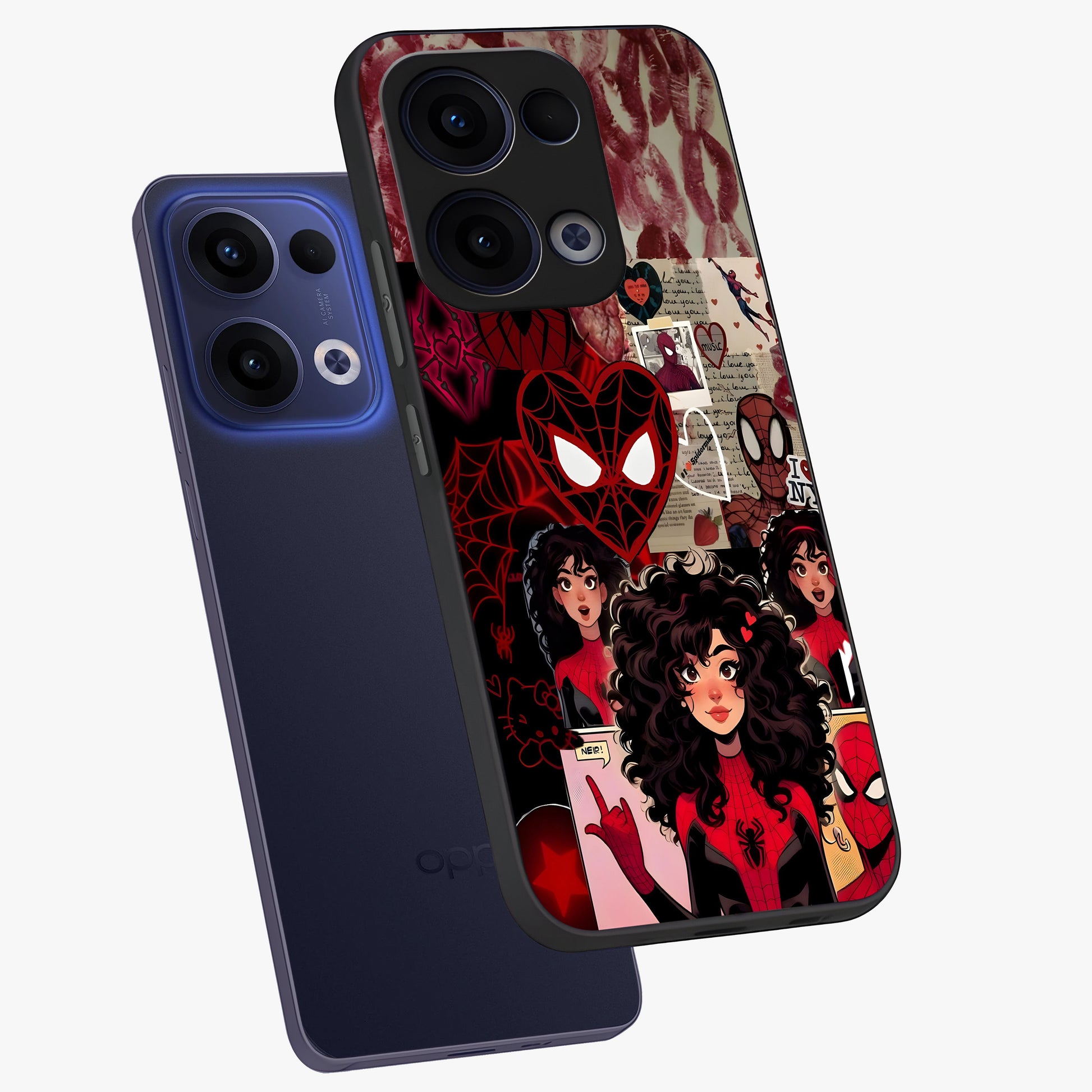 Spider Love Story Glass Case displayed in angled mockup highlighting expressive comic inspired design with playful aesthetic.