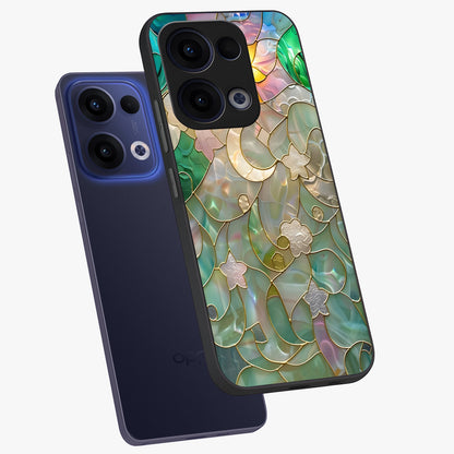 Stained Sunrise Glow Glass Case displayed in angled mockup highlighting radiant sunrise design with artistic aesthetic style.