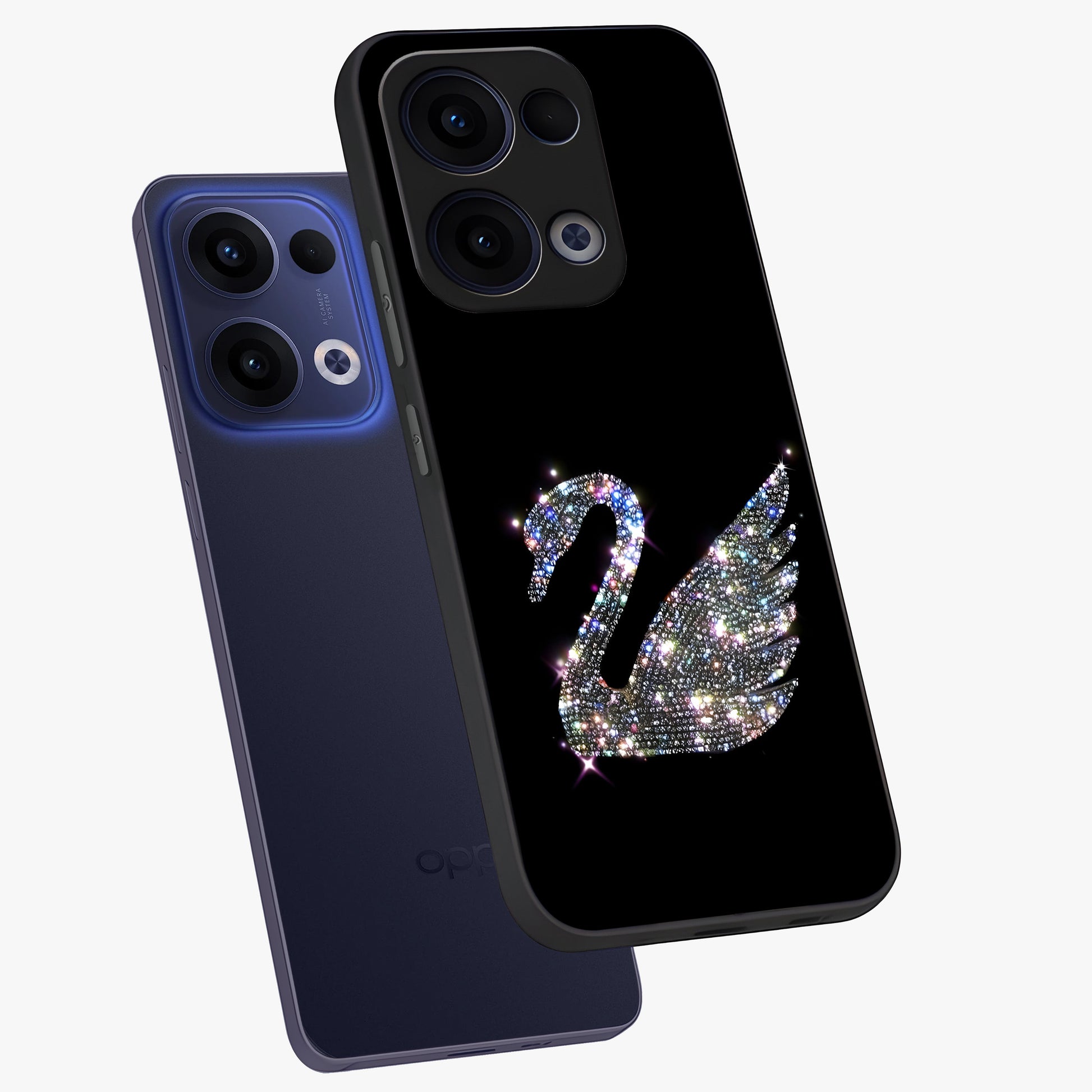 Starlit Swan Grace Glass Case displayed in angled mockup highlighting elegant swan illustration with dreamy celestial aesthetic.