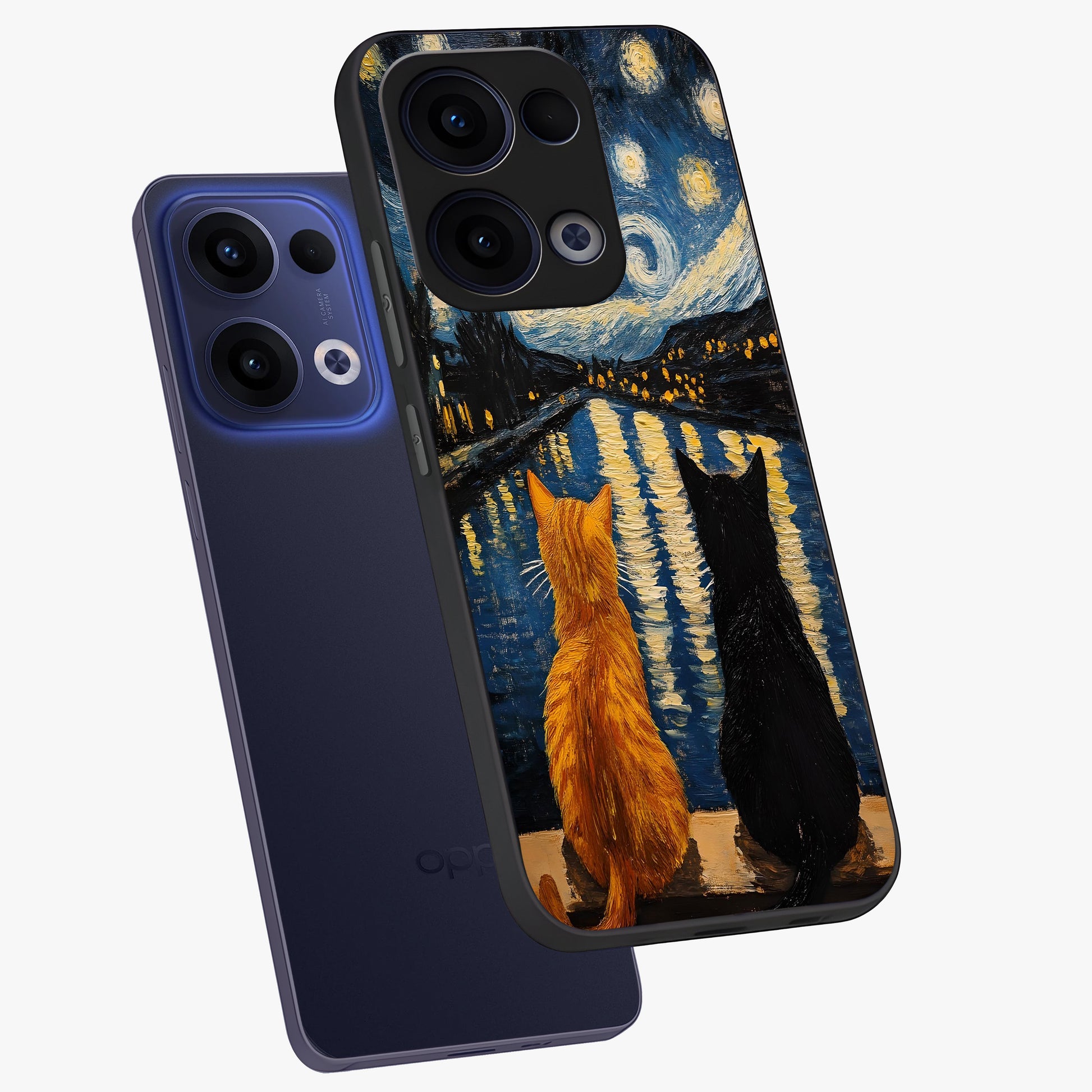 Starry River Cats Glass Case displayed in angled mockup highlighting charming feline illustration with dreamy night aesthetic.