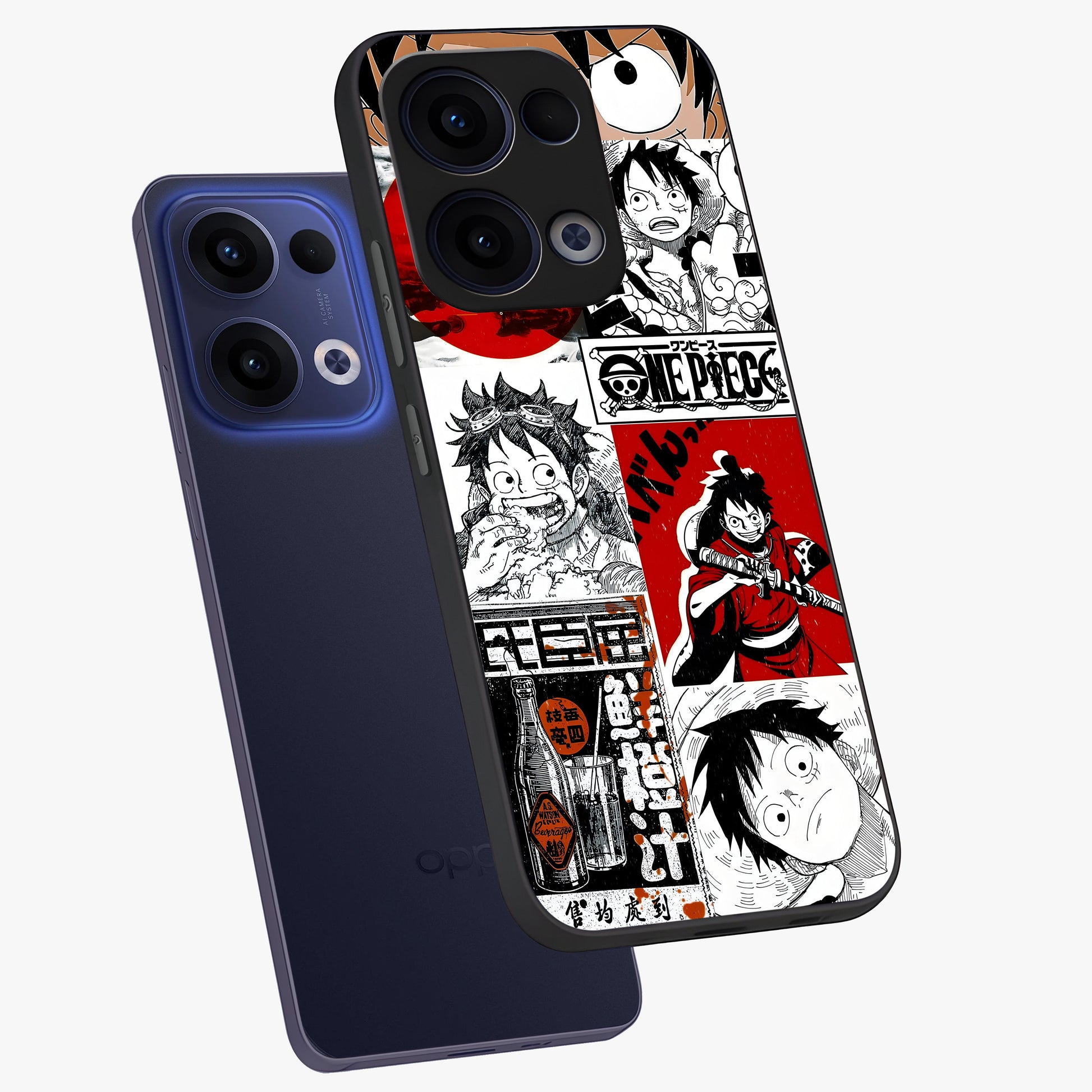 Strawhat Chaos Panels Glass Case displayed in angled mockup highlighting vibrant anime collage design with action aesthetic.
