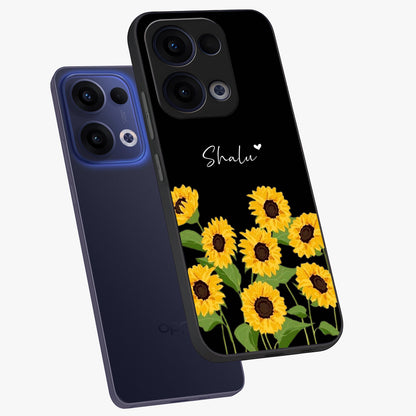 Sunflower Chic Mood Custom Name Glass Case displayed in angled mockup highlighting vibrant sunflower design with custom name feature.