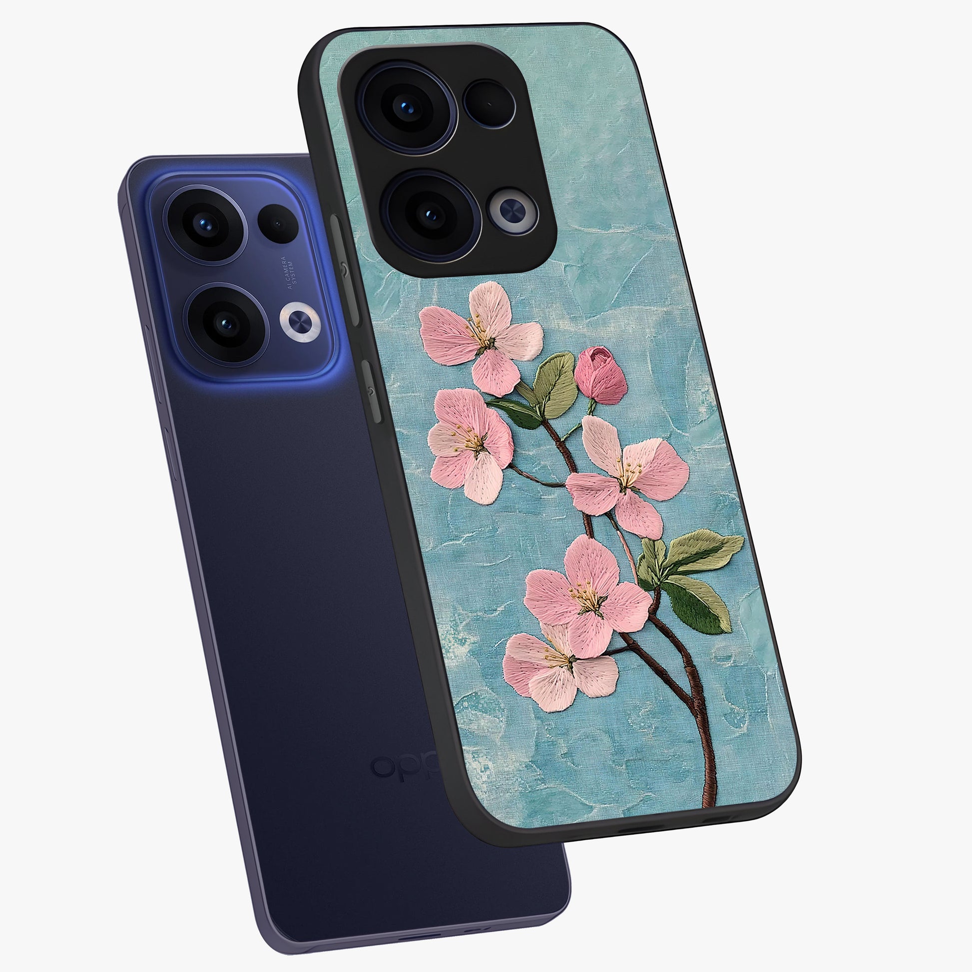 Threaded Blossom Breeze Glass Case displayed in angled mockup highlighting elegant floral design with soft aesthetic style.