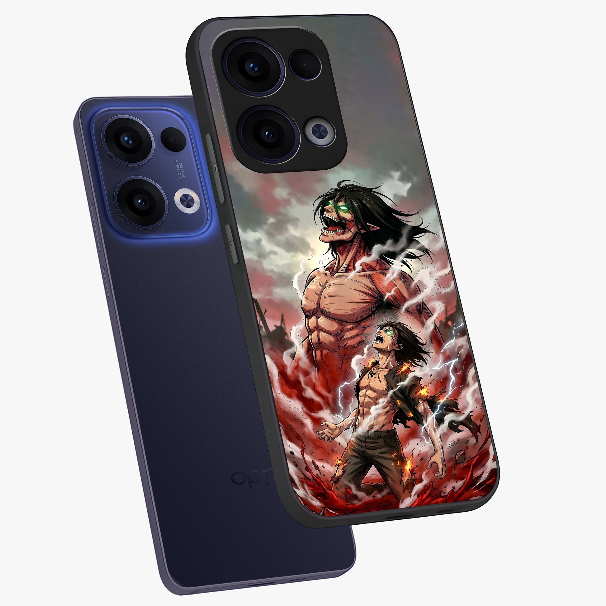 Titan Awakening Fury Glass Case displayed in angled mockup highlighting dramatic giant warrior design with bold anime aesthetic.