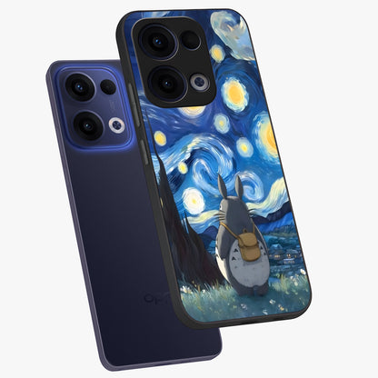 Totoro In Van Gogh Art Glass Case displayed in angled mockup highlighting artistic swirling sky design with playful animation aesthetic.