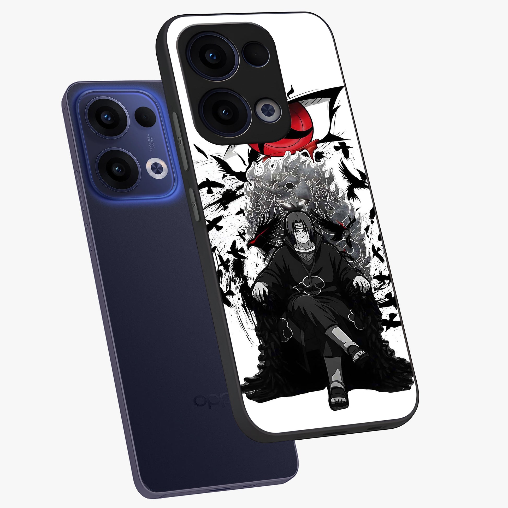 Uchiha Shadow Throne Glass Case displayed in angled mockup highlighting glowing aquatic design with celestial aesthetic.