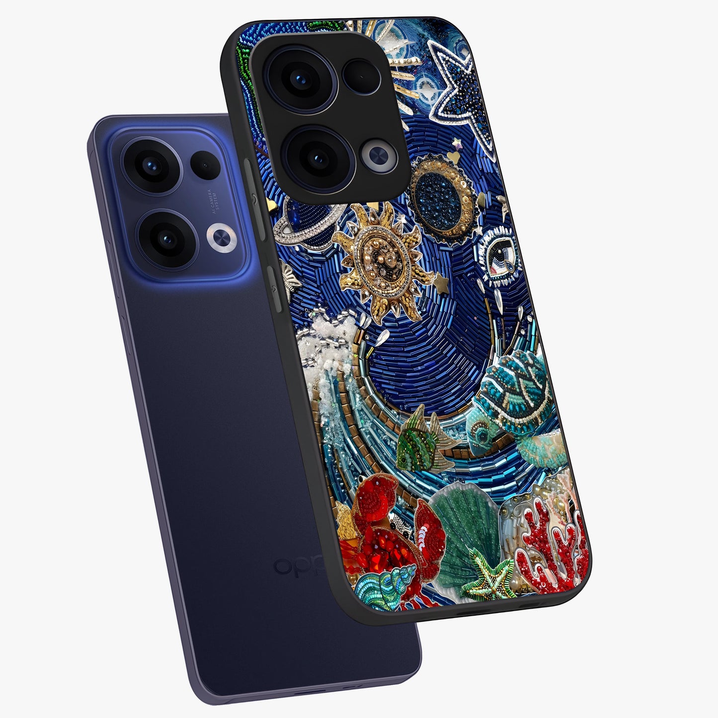 Universe Underwater Spark Glass Case displayed in angled mockup highlighting glowing aquatic design with celestial aesthetic.