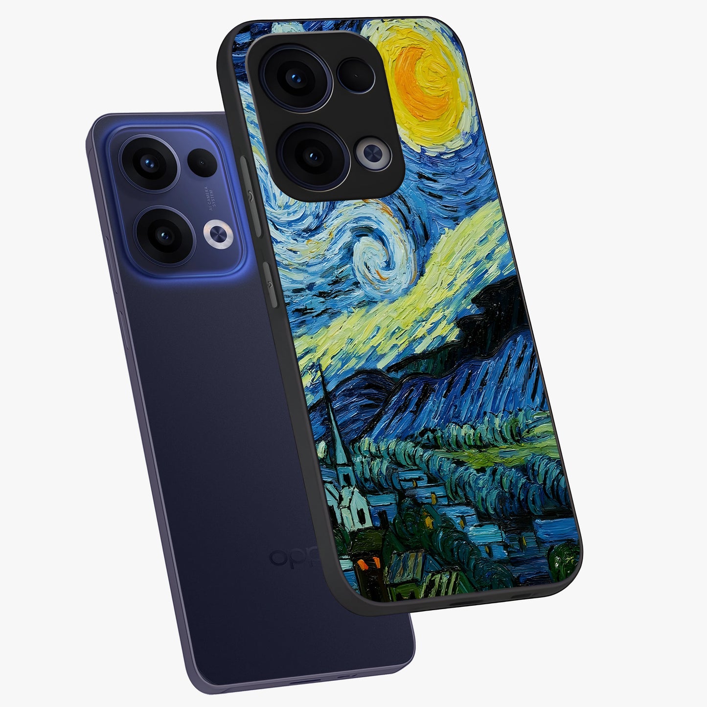 Van Gogh Art Glass Case displayed in angled mockup highlighting swirling brushstroke design with artistic aesthetic.