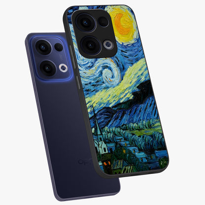 Van Gogh Art Glass Case displayed in angled mockup highlighting swirling brushstroke design with artistic aesthetic.