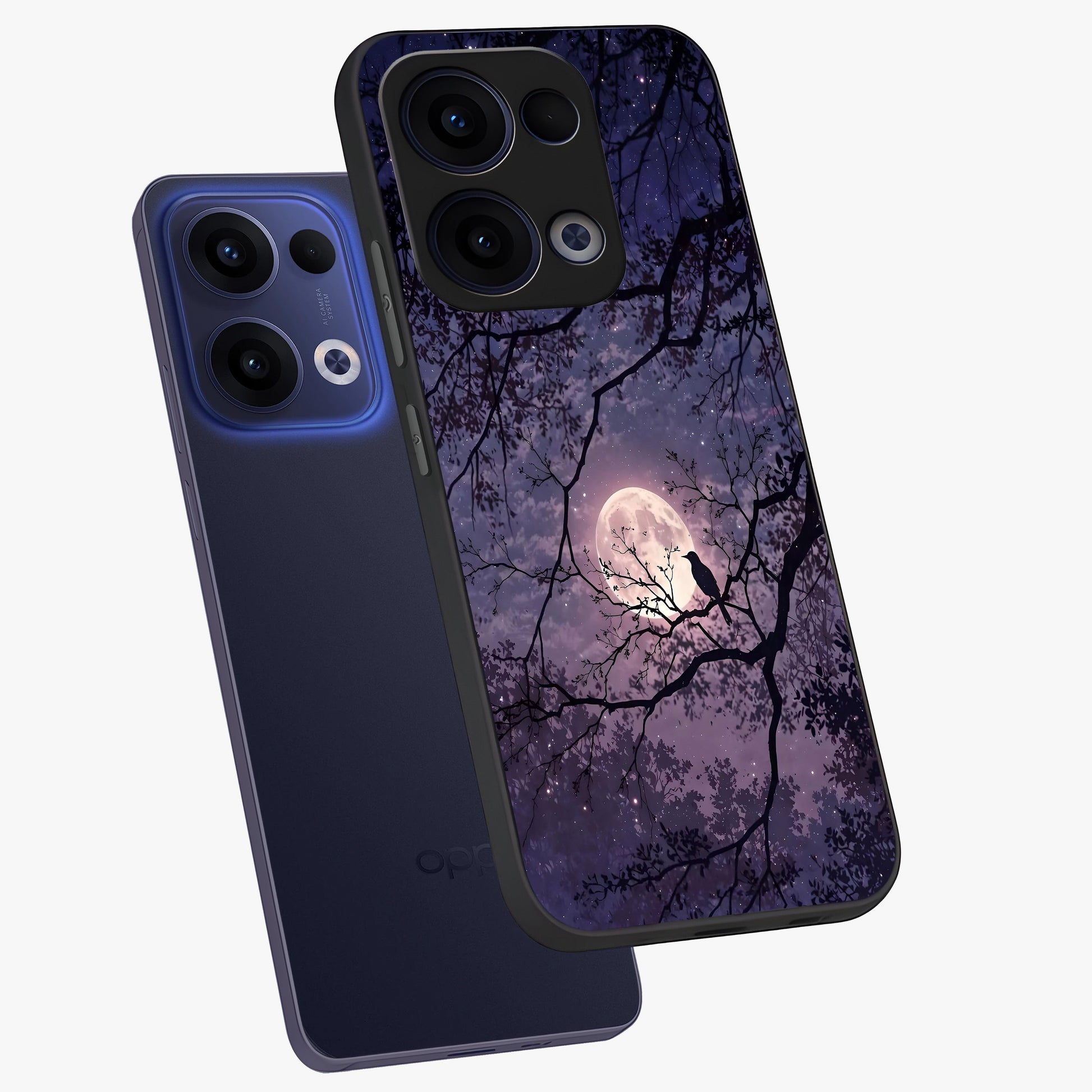 Whispering Moon Silence Glass Case displayed in angled mockup highlighting calm lunar design with dreamy night aesthetic.