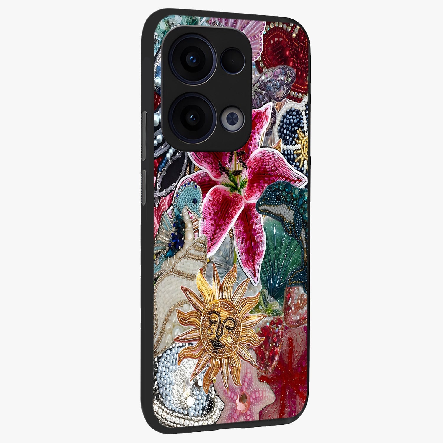 Beaded Garden Fantasy Glass Case upright view showcasing whimsical garden aesthetic with artistic bead details.
