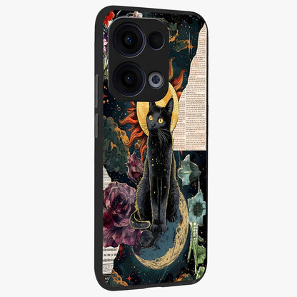 Celestial Black Cat Glass Case upright view showcasing magical black cat illustration with starry cosmic theme.