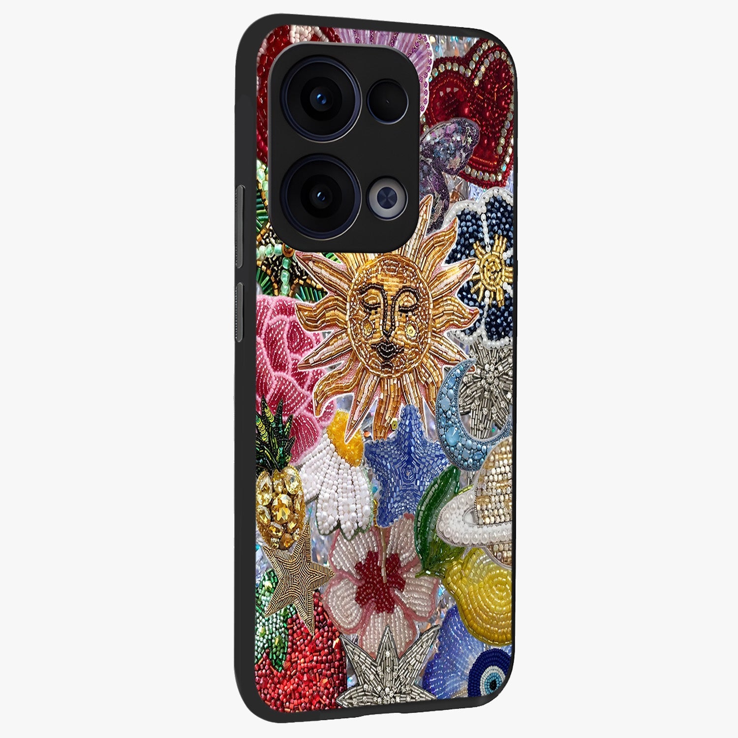 Celestial Floral and Playful Glass Case upright view showcasing whimsical floral artwork with cosmic aesthetic theme.