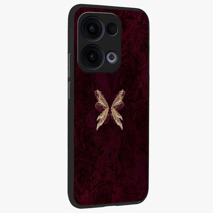 Crimson Fade Butterfly Glass Case upright view showcasing graceful butterfly artwork with soft crimson fade effect.