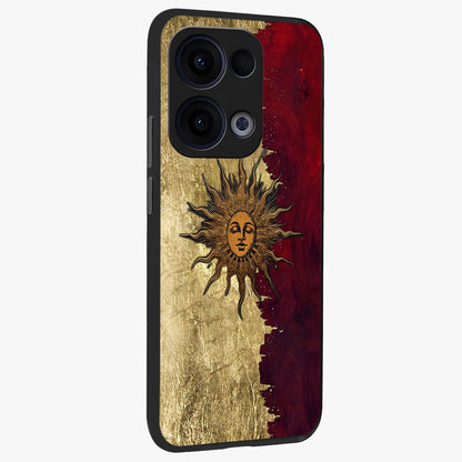 Crimson Sun Majesty Glass Case upright view showcasing vibrant sun artwork with powerful celestial theme.