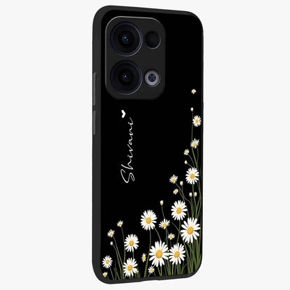 Daisy Cascade Custom Name Glass Case upright view showcasing elegant floral cascade design with personalized aesthetic.