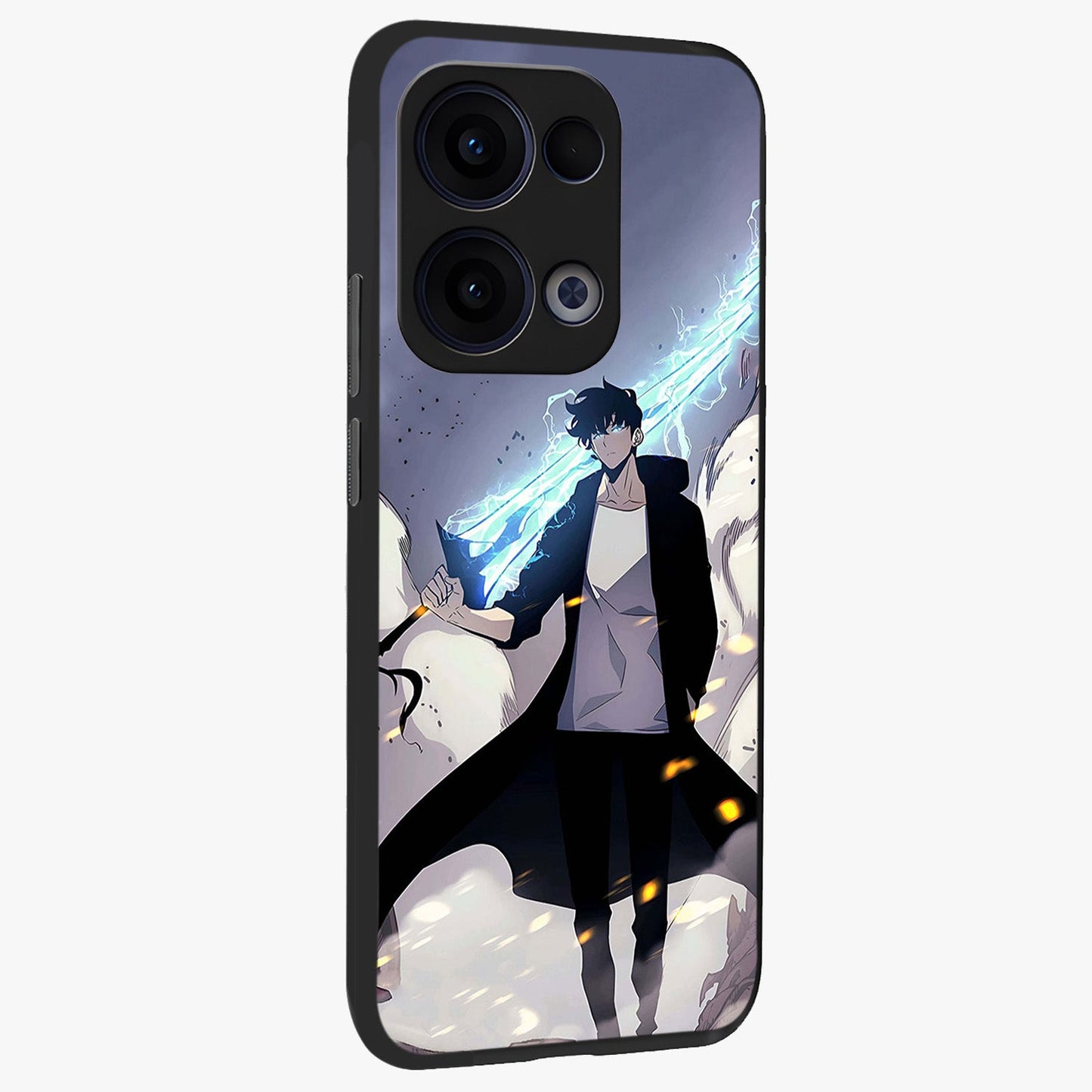 Dark Lightning Anime Warrior Glass Case upright view showcasing dramatic warrior artwork with dark lightning aesthetic.