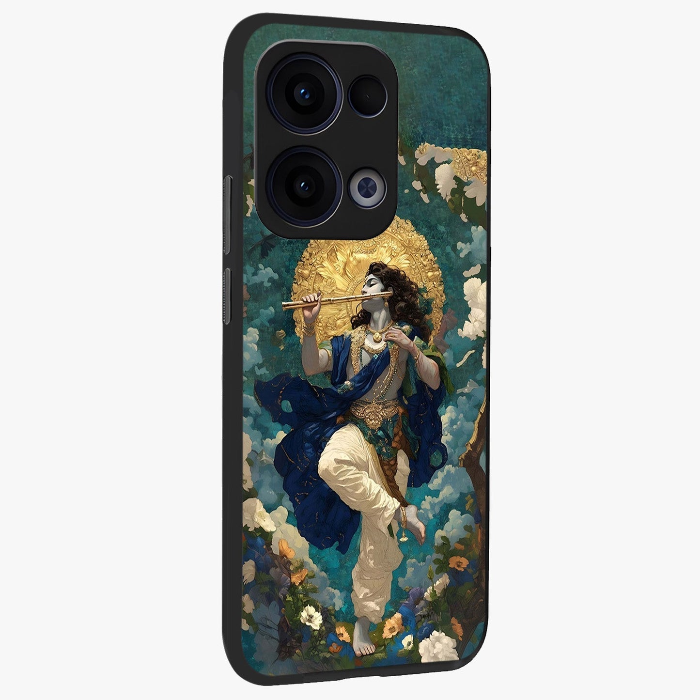 Divine Krishna Art Glass Case upright view showcasing divine Krishna artwork with sacred artistic theme.