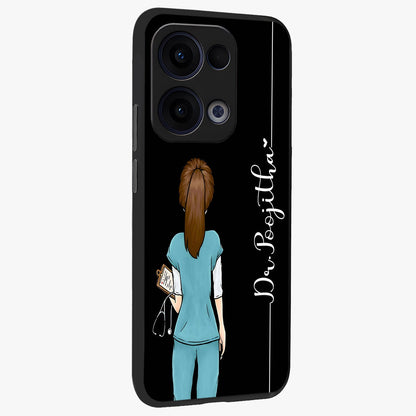 Doctor Pattern Custom Name Glass Case upright view showcasing healthcare themed design with personalized aesthetic.