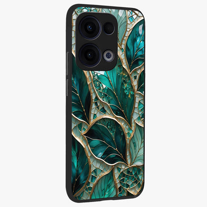 Emerald Leaf Glass Glass Case upright view showcasing fresh green leaf artwork with calming nature inspired style.
