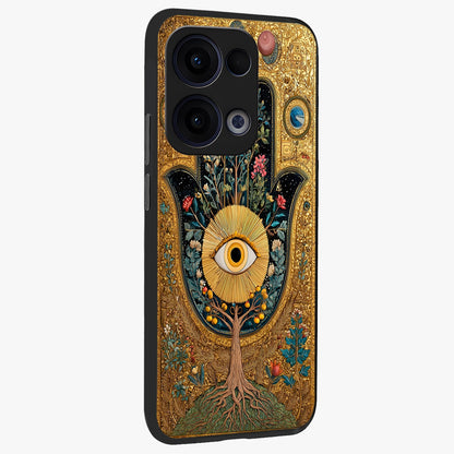 Ethereal Evil Eye Glass Case upright view showcasing celestial evil eye artwork with mystical theme.