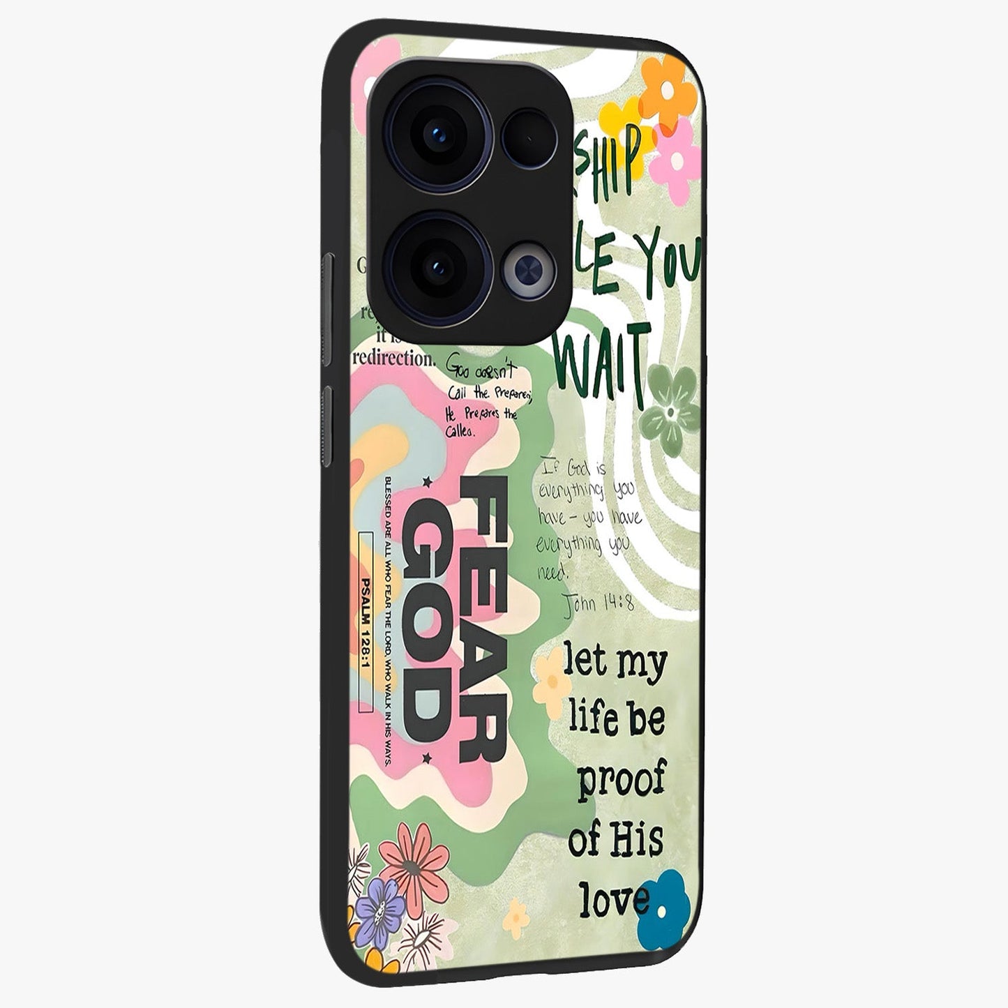 Faith Over Fear Glass Case upright view showcasing bold typography artwork with uplifting motivational theme.