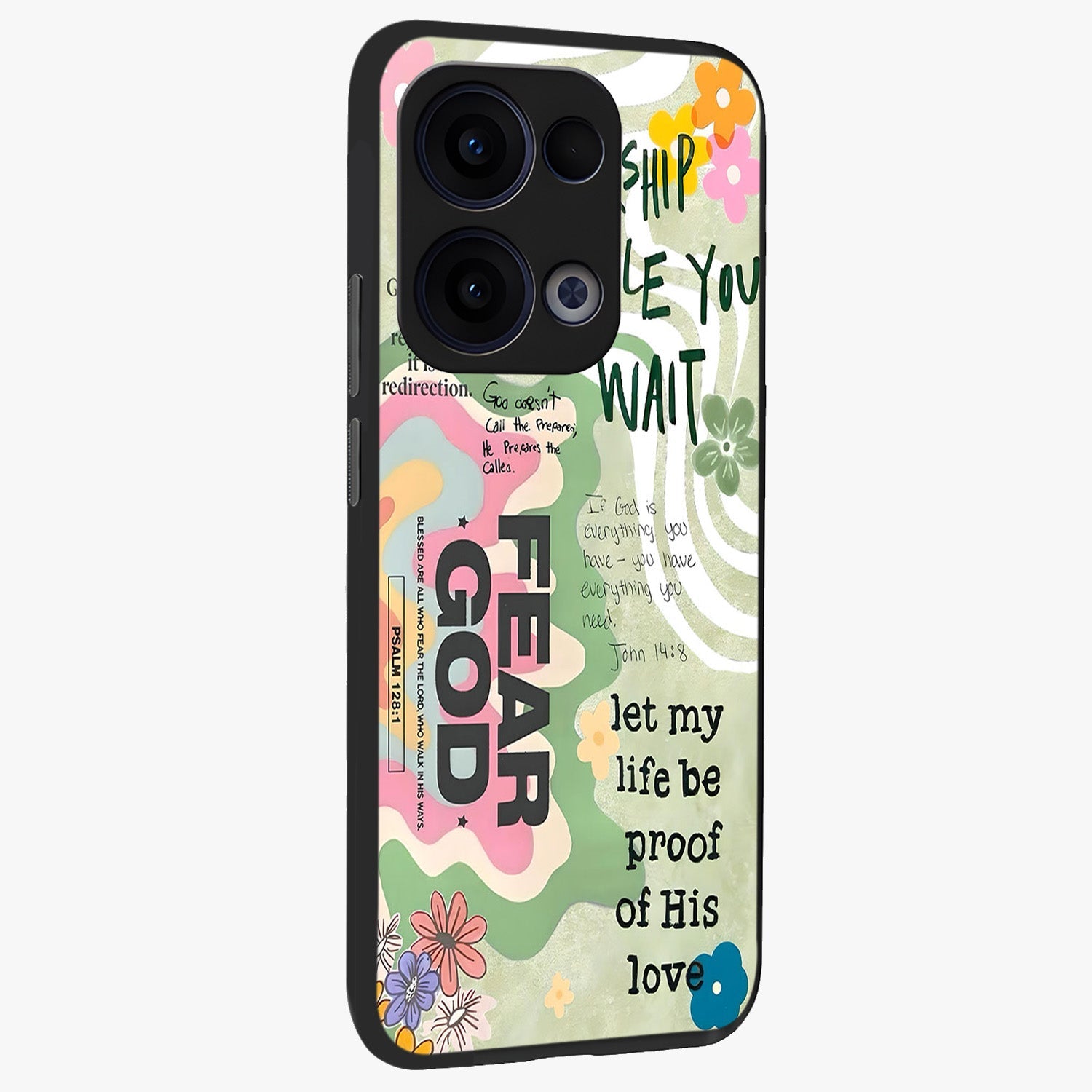 Faith Over Fear Glass Case upright view showcasing bold typography artwork with uplifting motivational theme.