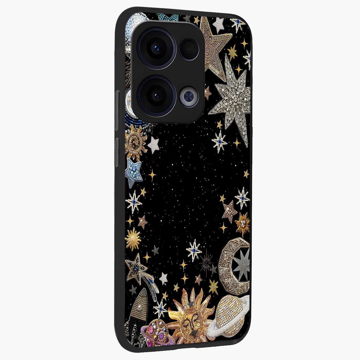 Galactic Jewel Stars Glass Case upright view showcasing glittering star jewel artwork with vibrant galaxy theme.