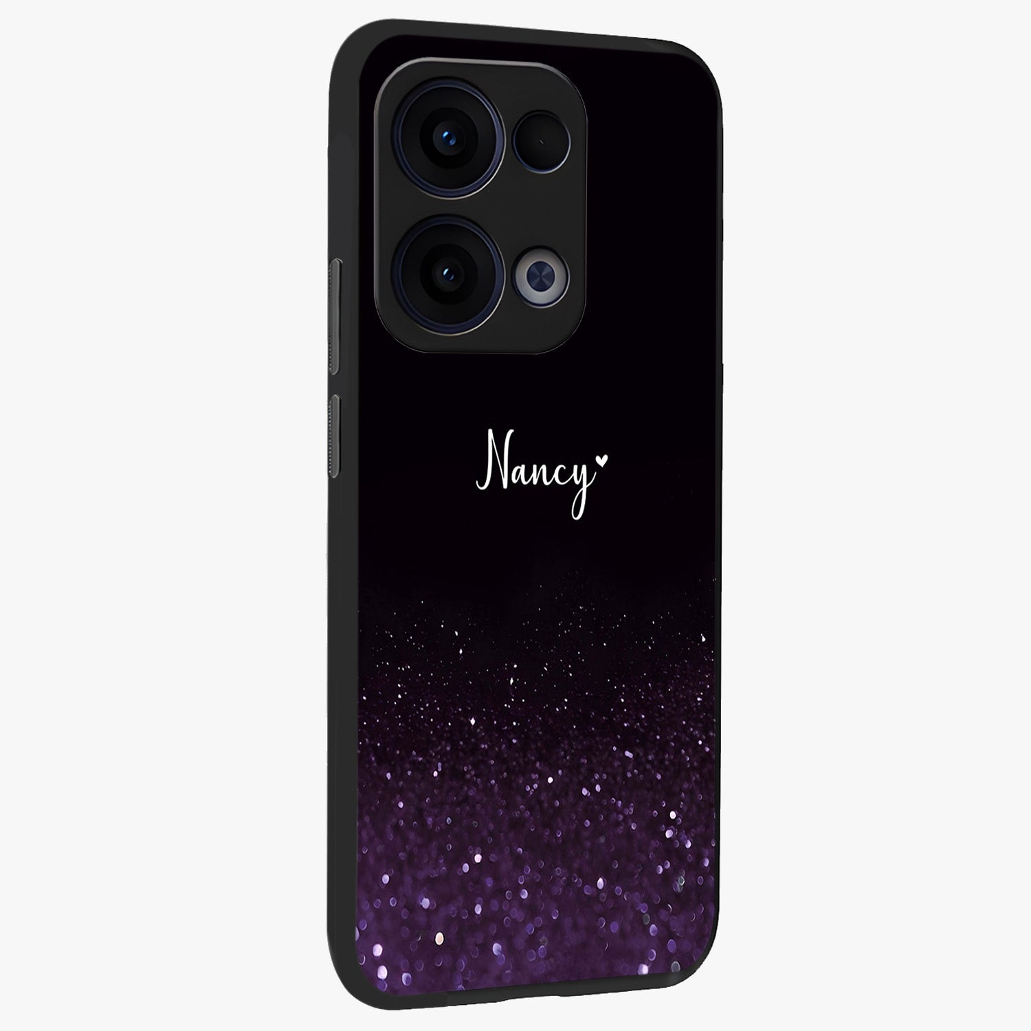 Glittery Purple Bokeh Custom Name Glass Case upright view showcasing vibrant purple sparkle artwork with personalized aesthetic style.
