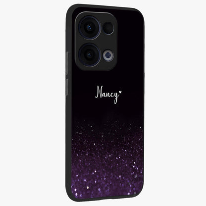 Glittery Purple Bokeh Custom Name Glass Case upright view showcasing vibrant purple sparkle artwork with personalized aesthetic style.