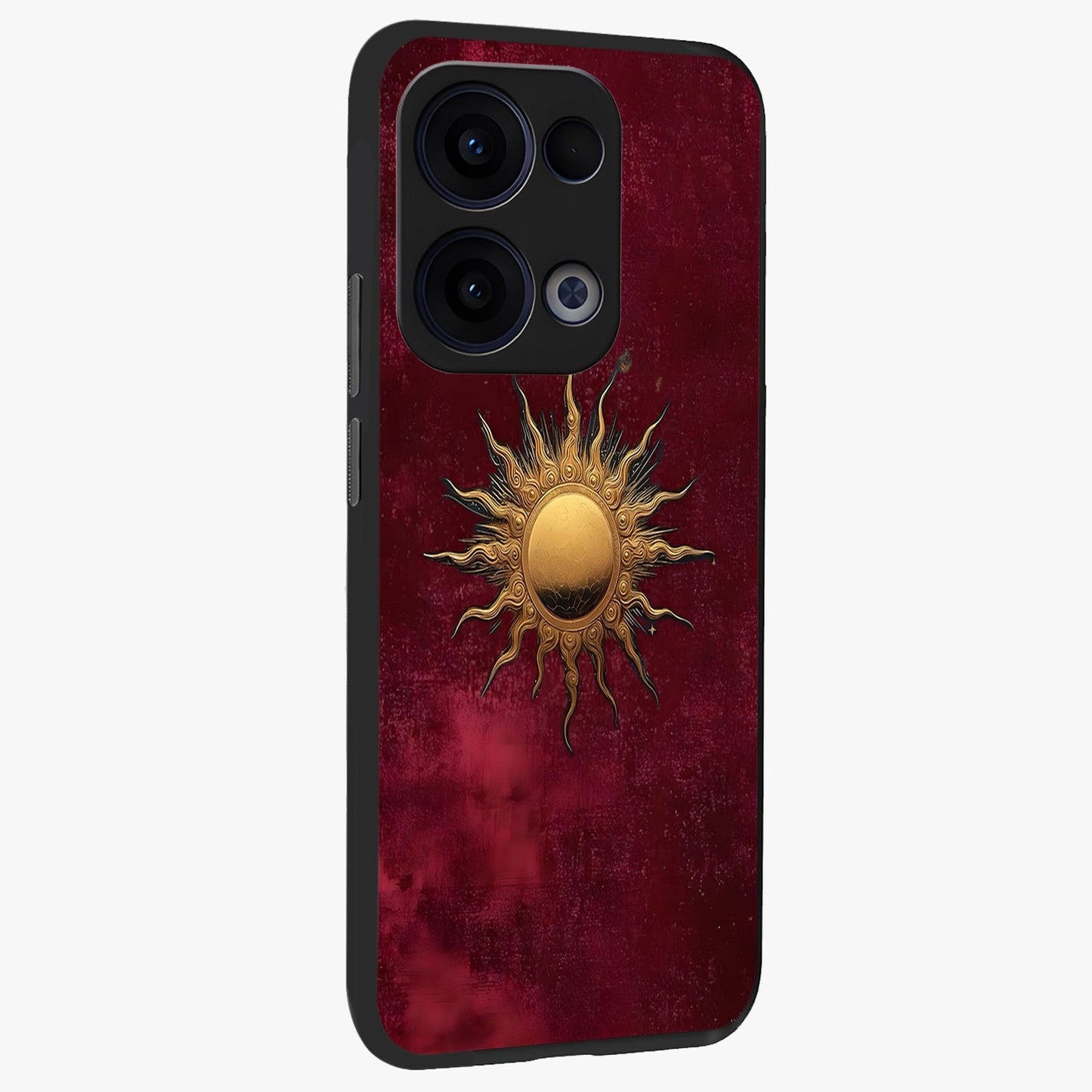 Golden Sun Minimalism Glass Case upright view showcasing simple golden sun artwork with elegant minimalist style.