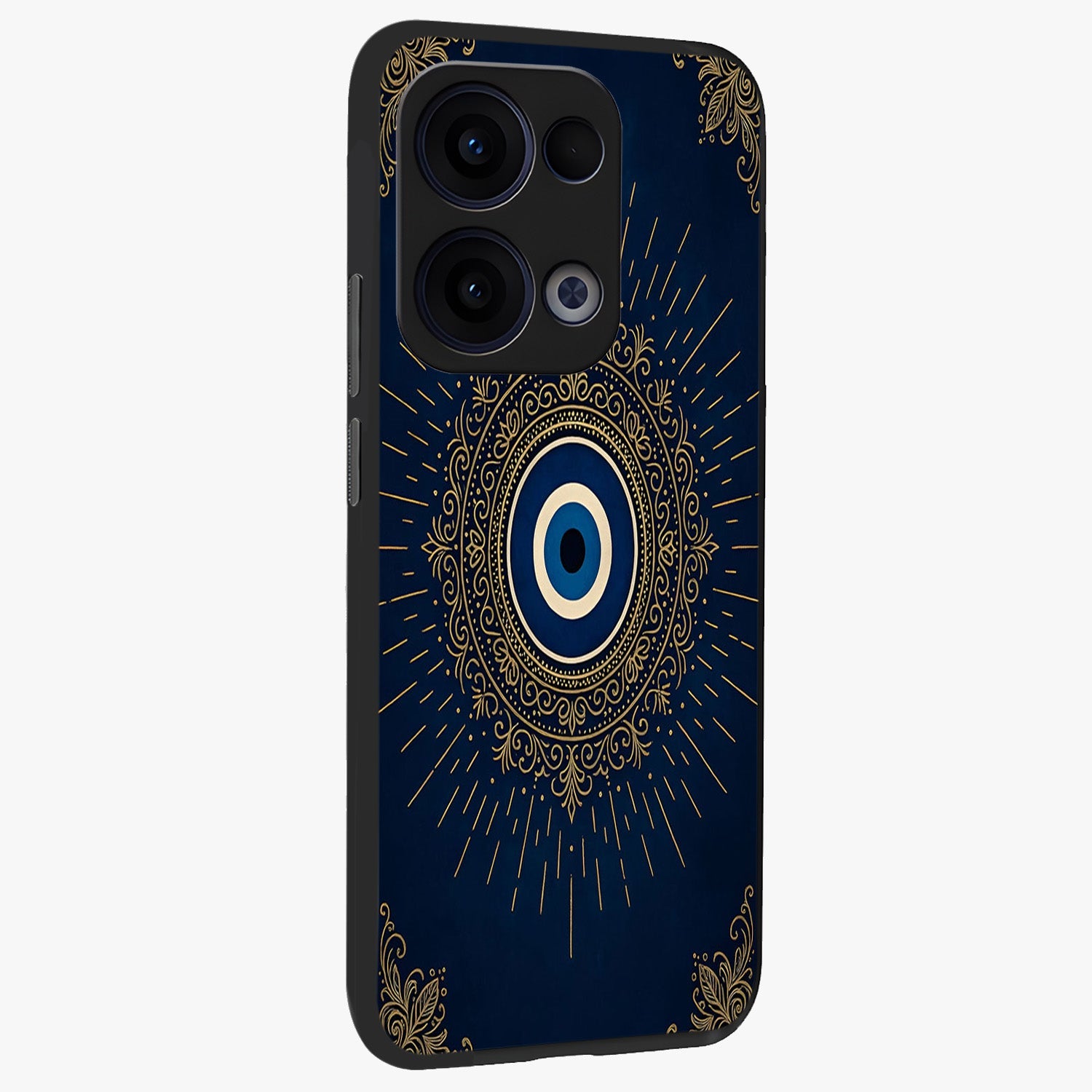 Golden Celestial Charm Glass Case upright view showcasing radiant celestial artwork with elegant golden theme.