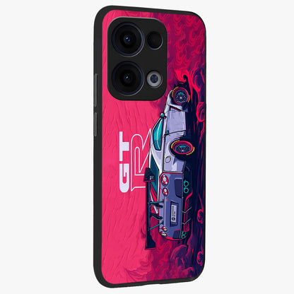 GT-R Car Pattern Glass Case upright view showcasing dynamic car pattern artwork with modern sports theme.