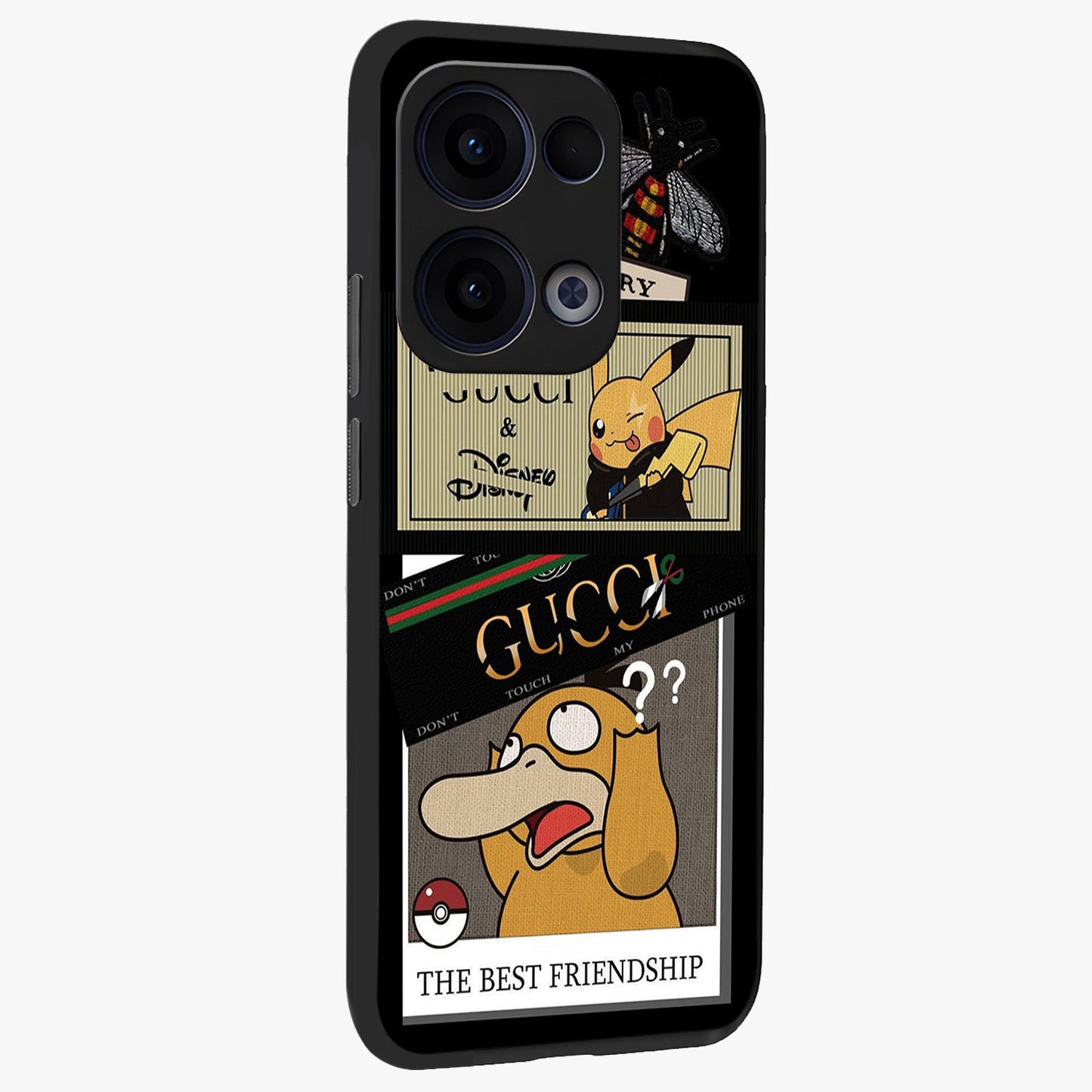 Gucci Play Mashup Glass Case upright view showcasing trendy luxury inspired artwork with modern fashion theme.