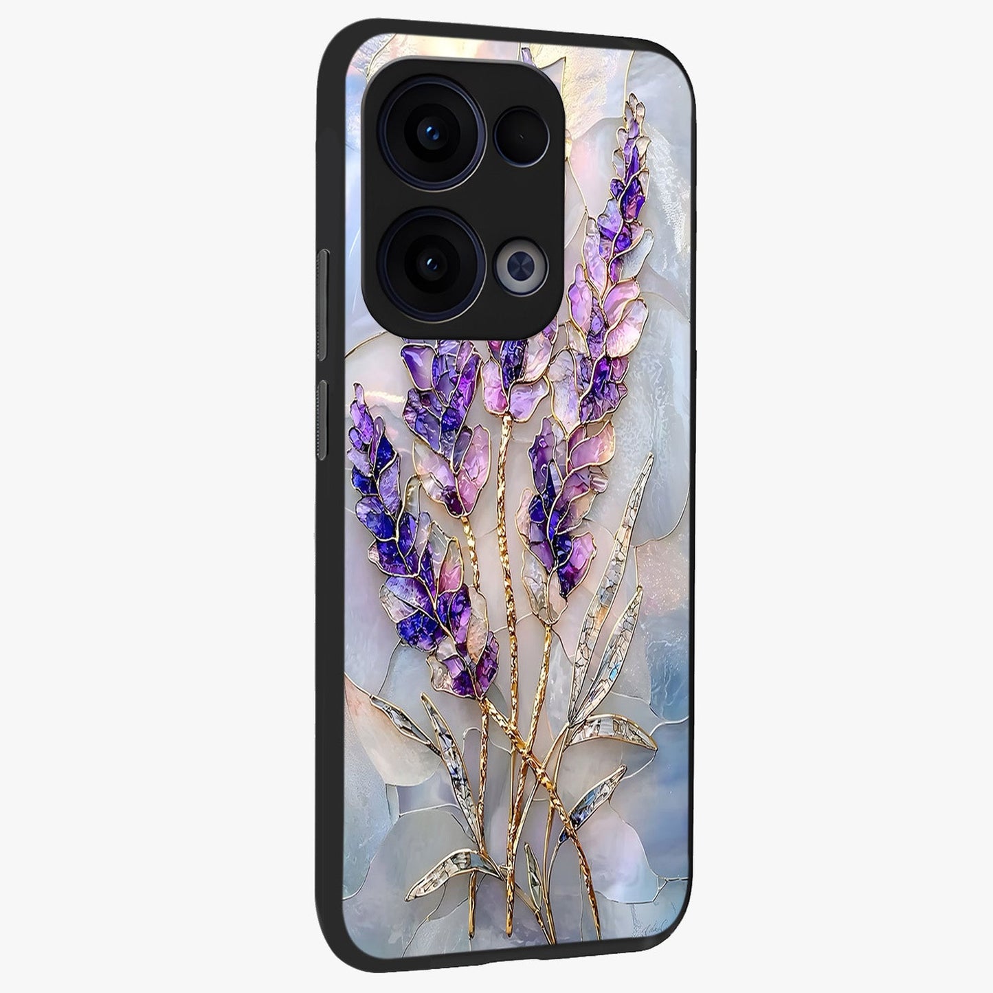 Lavender Dream Glow Glass Case upright view showcasing radiant lavender glow artwork with calming dreamy theme.
