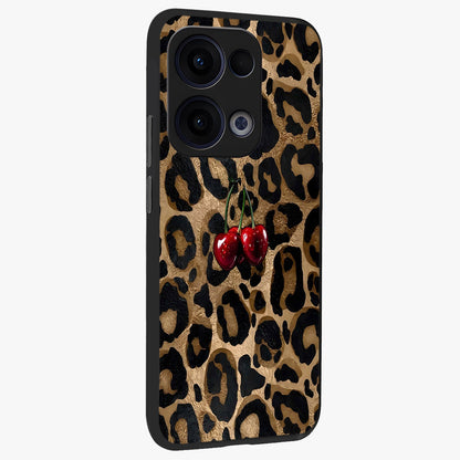 Leopard Wild Cherry Glass Case upright view showcasing stylish leopard pattern artwork with trendy fashion theme.