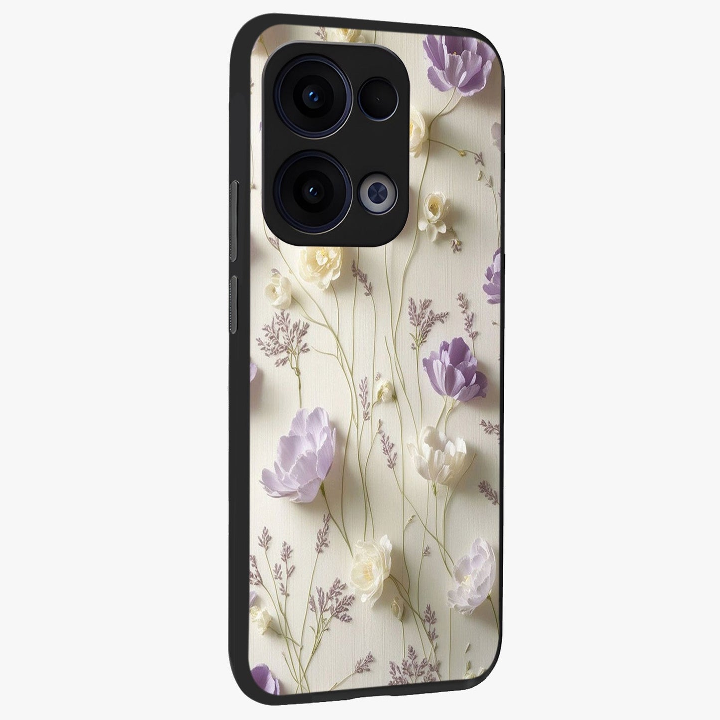 Lilac Breeze Harmony Glass Case upright view showcasing delicate lilac artwork with peaceful floral theme.