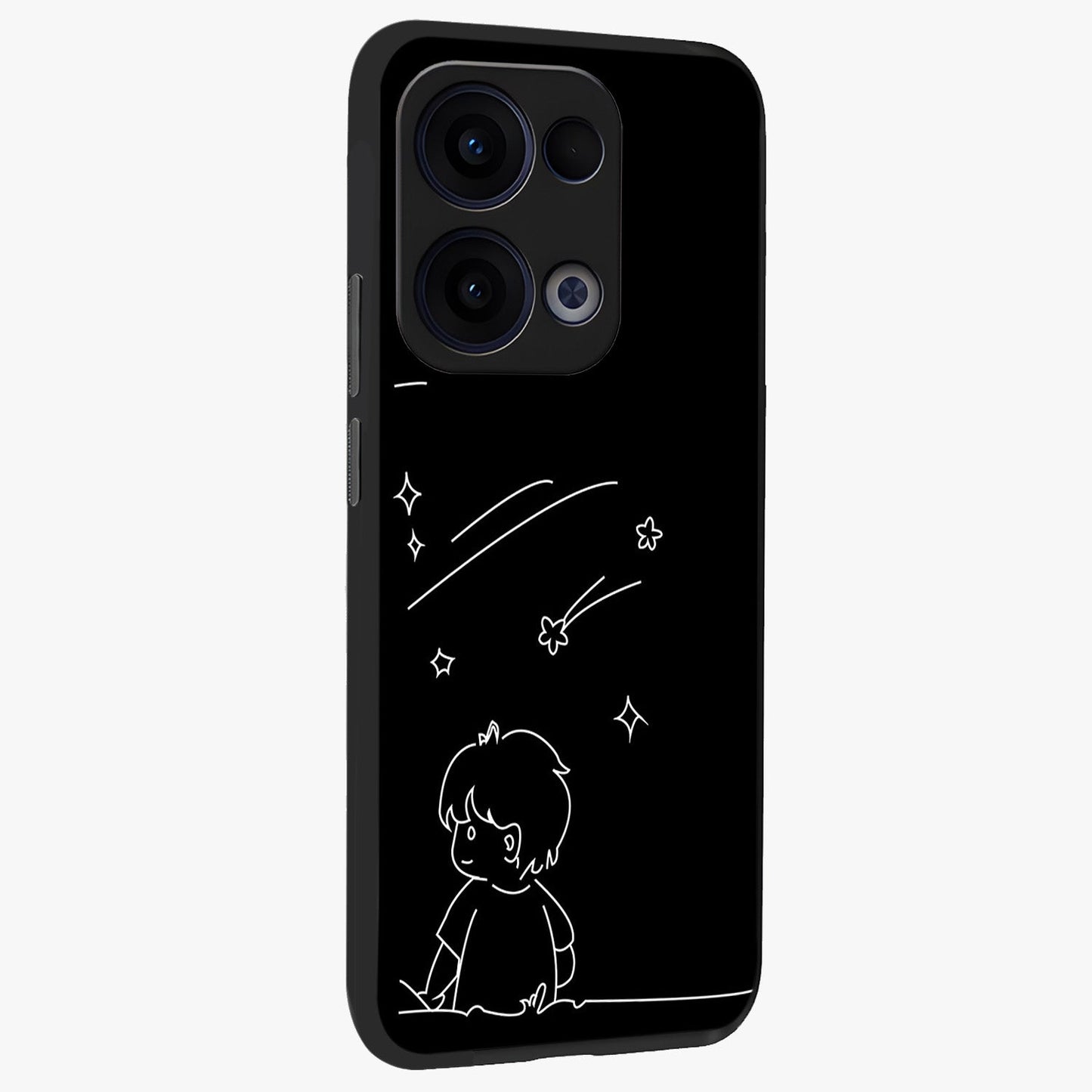 Line Art Boy With Shooting Stars Glass Case upright view showcasing artistic shooting star illustration with minimal style.