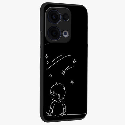 Line Art Boy With Shooting Stars Glass Case upright view showcasing artistic shooting star illustration with minimal style.