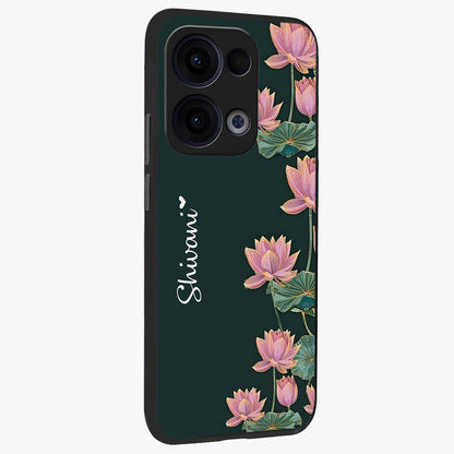 Lotus Bloom Serenity Custom Name Glass Case upright view showcasing serene lotus bloom artwork with personalized floral aesthetic.