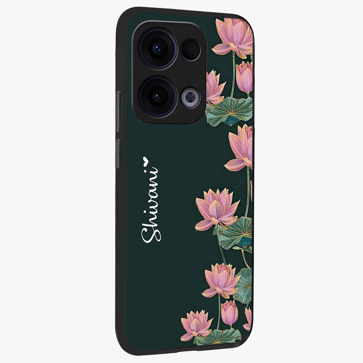 Lotus Bloom Serenity Custom Name Glass Case upright view showcasing serene lotus bloom artwork with personalized floral aesthetic.