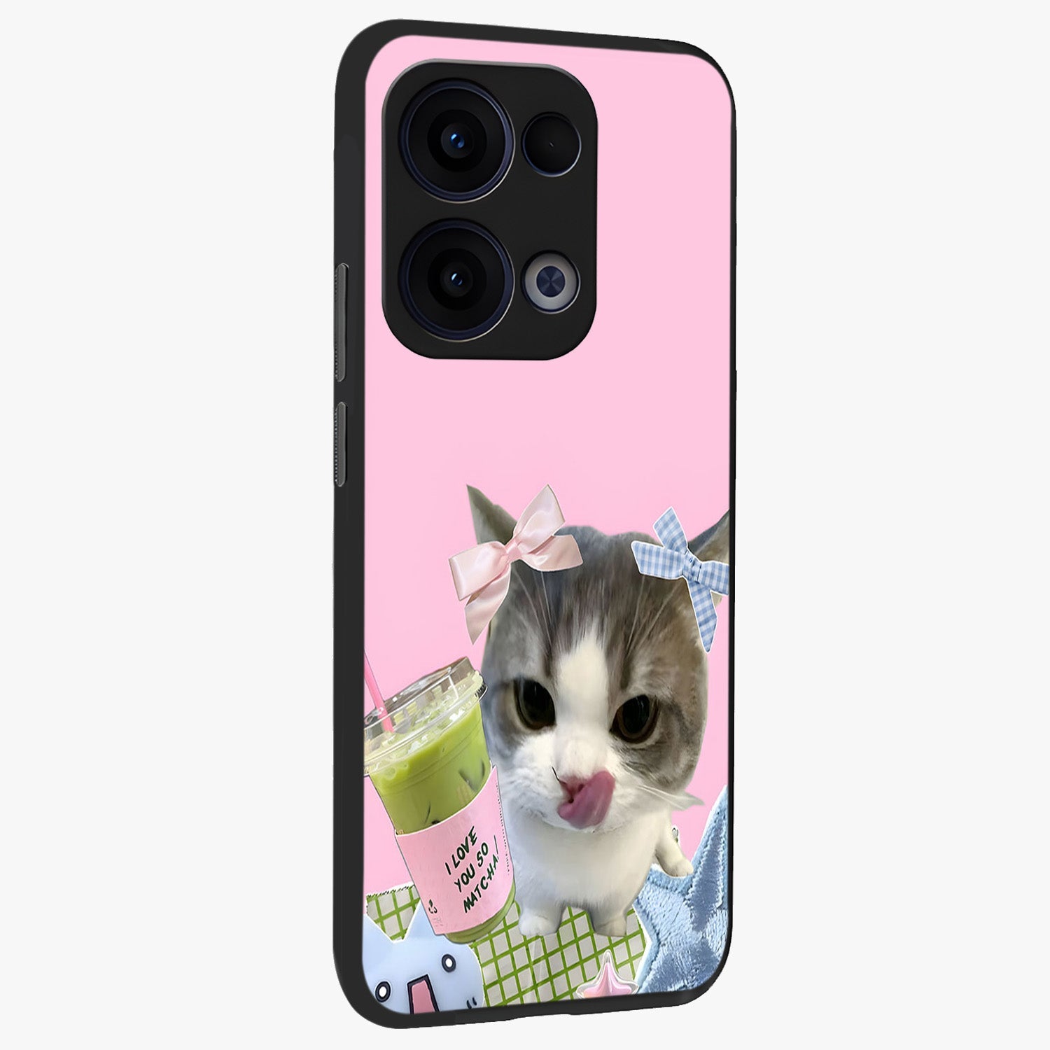 Love Matcha Cat Glass Case upright view showcasing adorable cat artwork with charming matcha themed design.