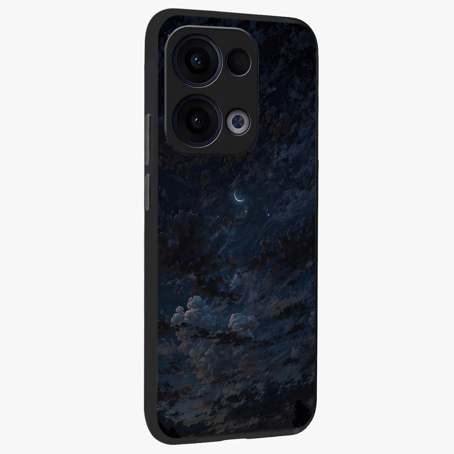 Lunar Veil Silence Glass Case upright view showcasing calm moon themed artwork with serene night atmosphere.