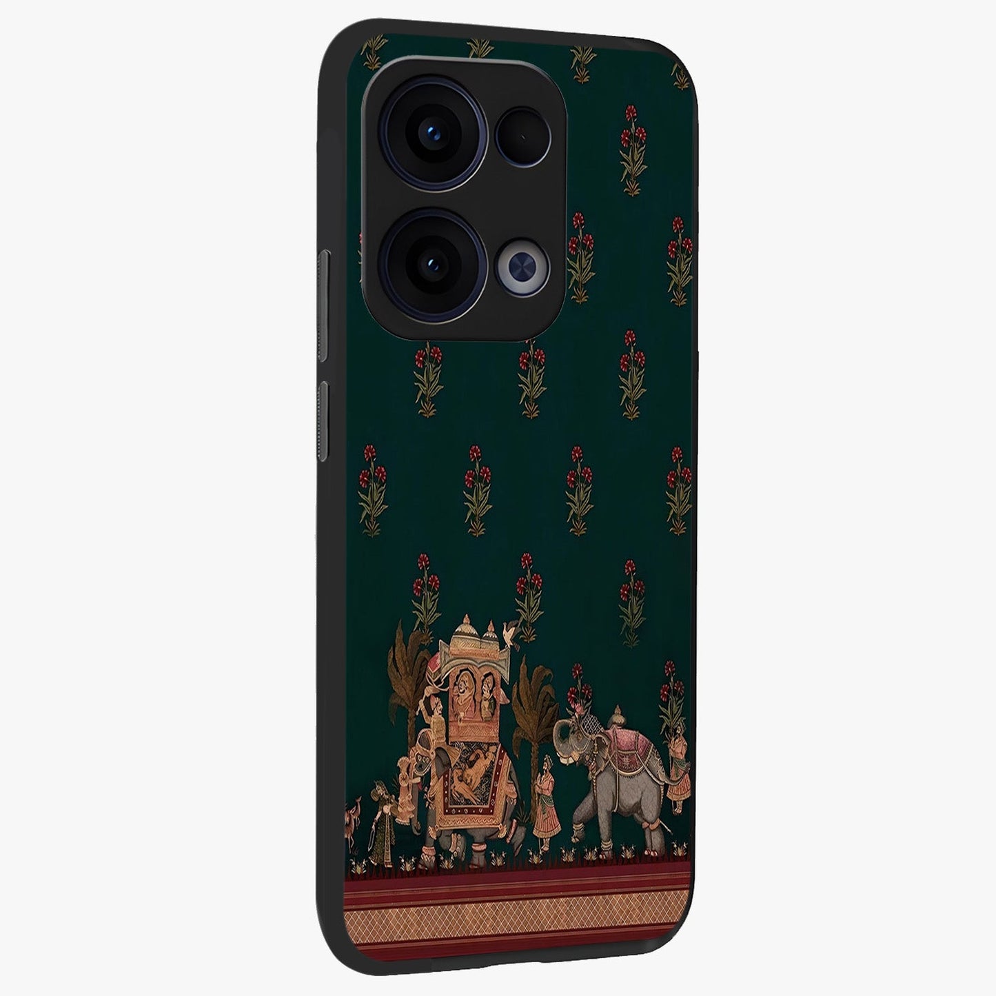 Macmerise Glass Case upright view showcasing bold artistic artwork with contemporary design theme.
